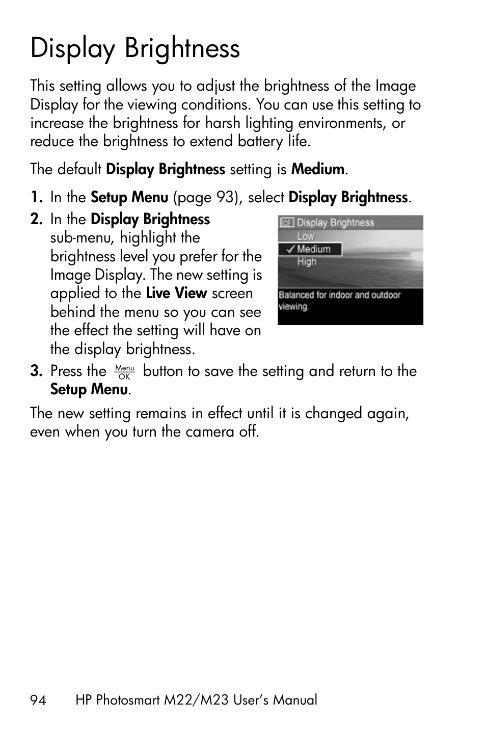 Display brightness | HP PhotoSmart M22 User Manual | Page 94 / 180