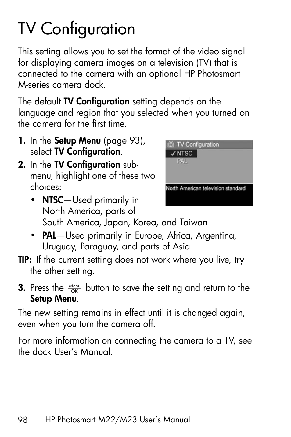 Tv configuration | HP PhotoSmart M22 User Manual | Page 98 / 180