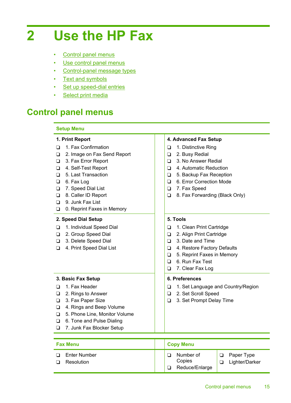 Use the hp fax, Control panel menus, 2 use the hp fax | 2use the hp fax | HP 3100 User Manual | Page 19 / 97