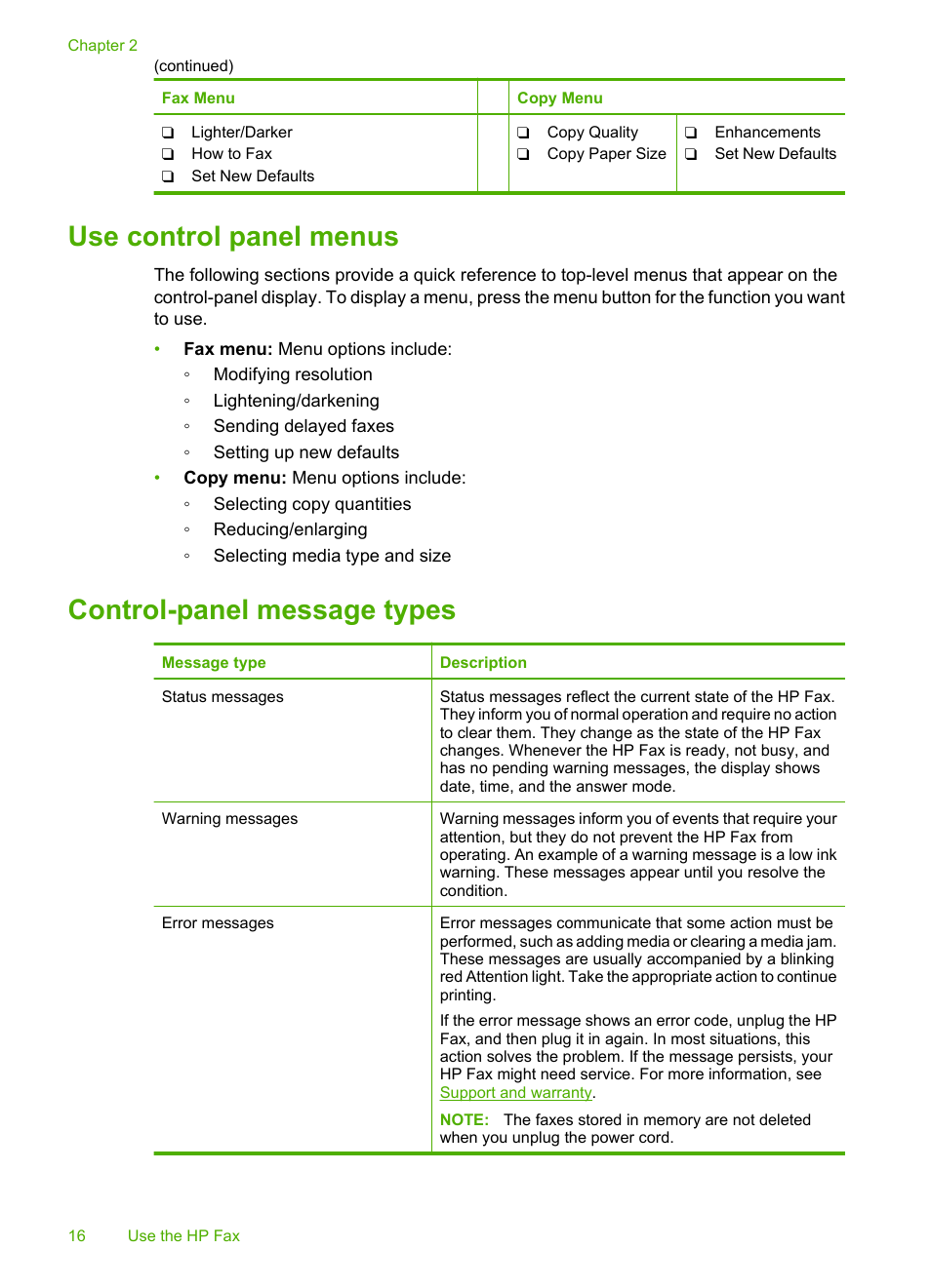 Use control panel menus, Control-panel message types | HP 3100 User Manual | Page 20 / 97