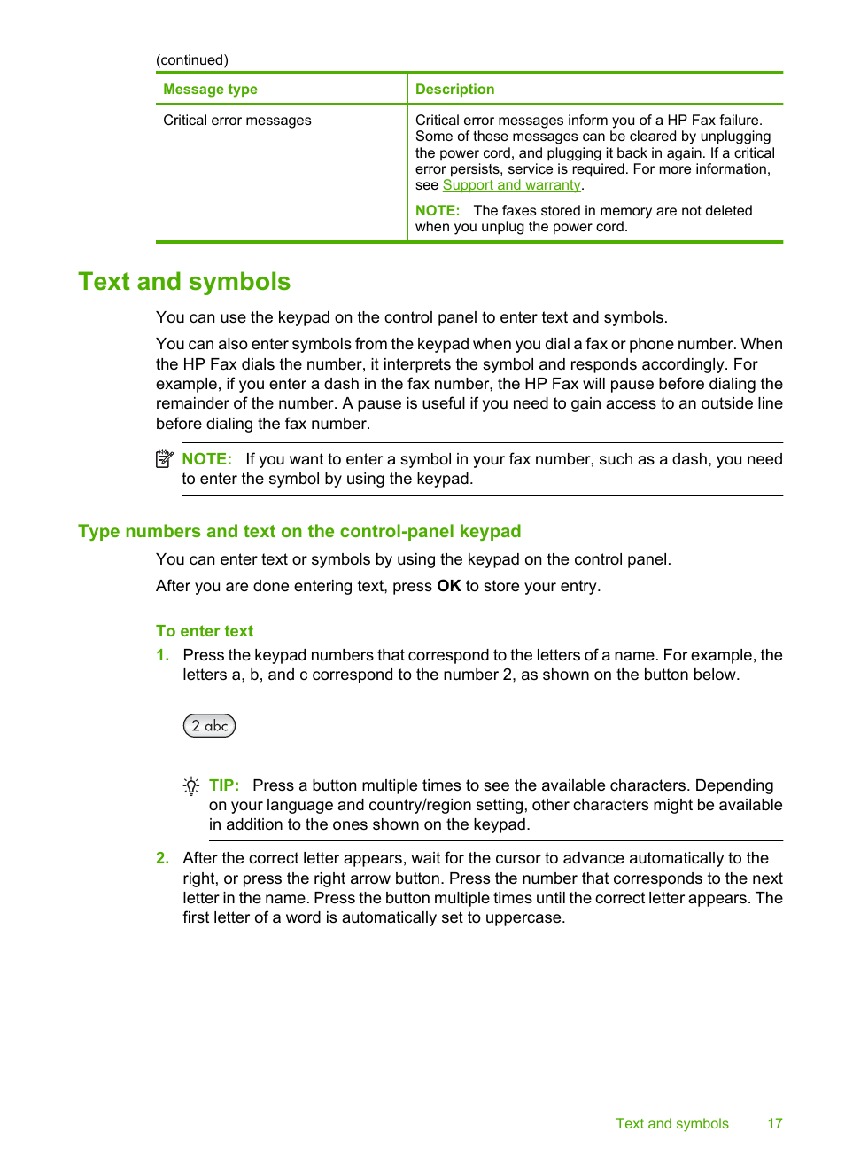 Text and symbols, Type numbers and text on the control-panel keypad, To enter text | Available symbols for dialing fax numbers | HP 3100 User Manual | Page 21 / 97