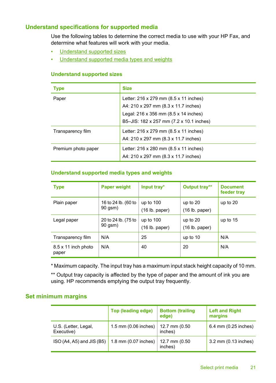 Understand specifications for supported media, Understand supported sizes, Understand supported media types and weights | Set minimum margins, Understand specifications for, Supported media | HP 3100 User Manual | Page 25 / 97