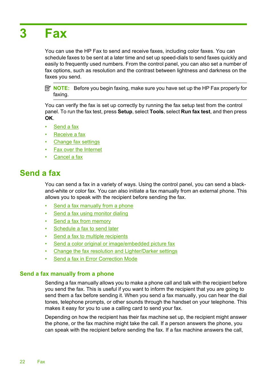 Send a fax, Send a fax manually from a phone, 3 fax | Send a fax in error correction mode, 3fax | HP 3100 User Manual | Page 26 / 97