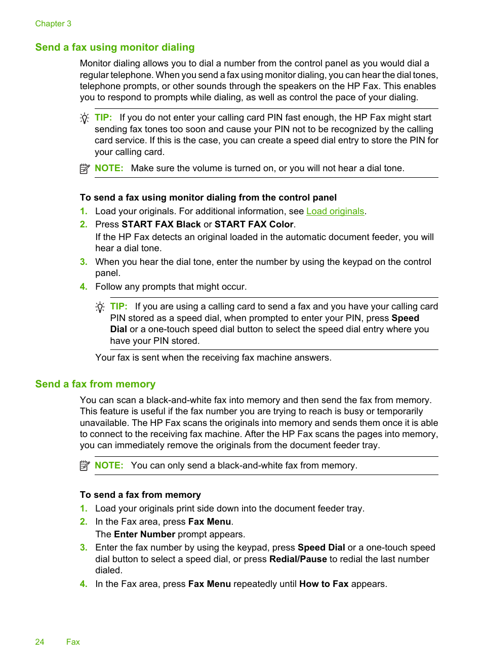 Send a fax using monitor dialing, Send a fax from memory | HP 3100 User Manual | Page 28 / 97