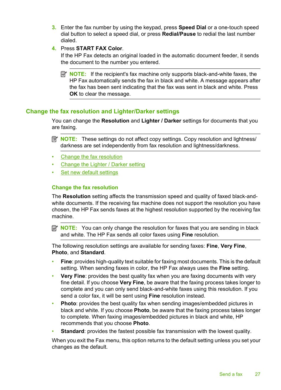 Change the fax resolution | HP 3100 User Manual | Page 31 / 97