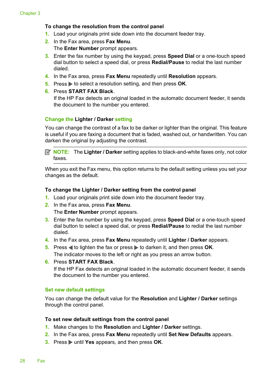 Change the lighter / darker setting, Set new default settings | HP 3100 User Manual | Page 32 / 97