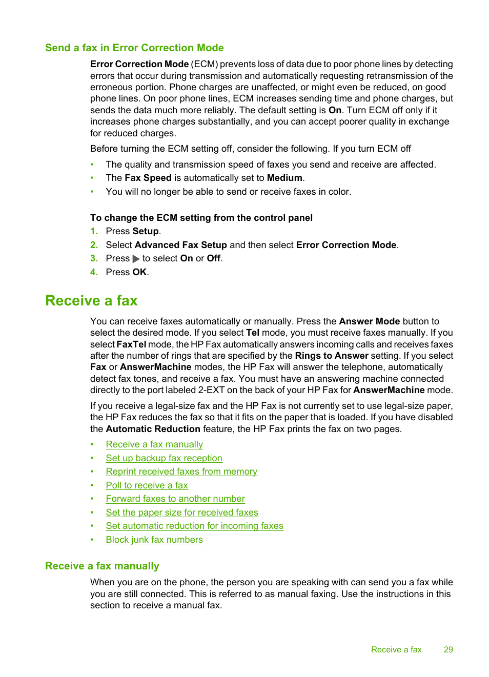 Send a fax in error correction mode, Receive a fax, Receive a fax manually | HP 3100 User Manual | Page 33 / 97