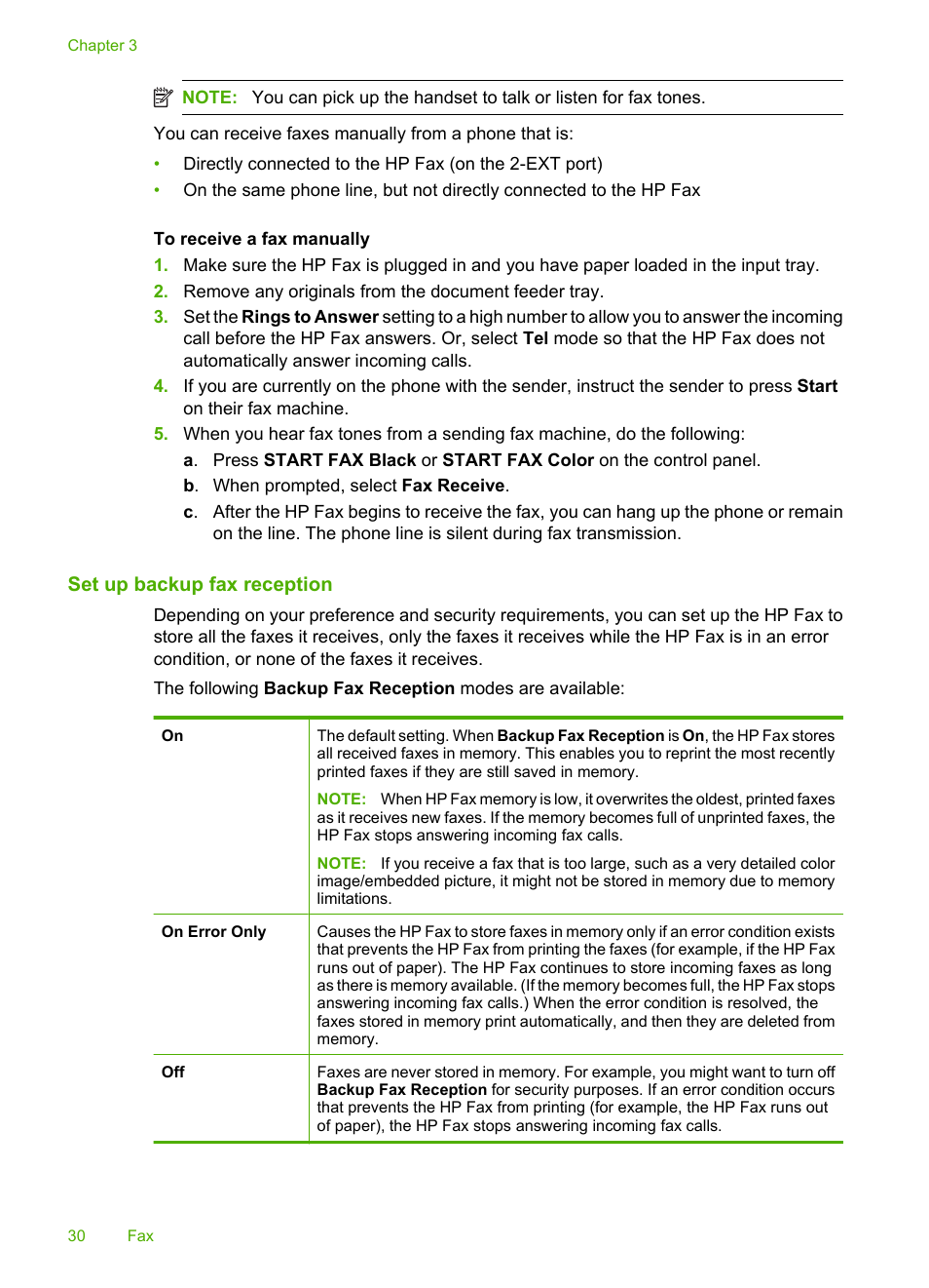 Set up backup fax reception | HP 3100 User Manual | Page 34 / 97