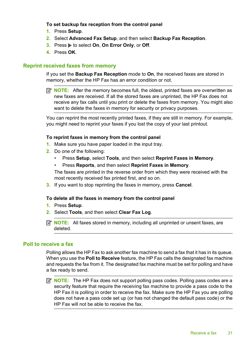 Reprint received faxes from memory, Poll to receive a fax | HP 3100 User Manual | Page 35 / 97