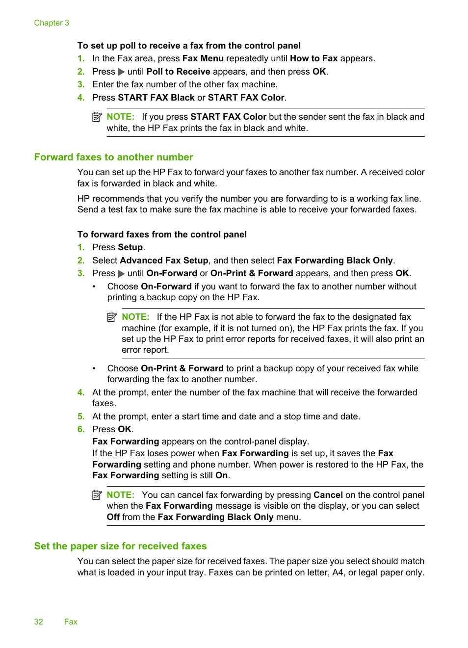 Forward faxes to another number, Set the paper size for received faxes | HP 3100 User Manual | Page 36 / 97