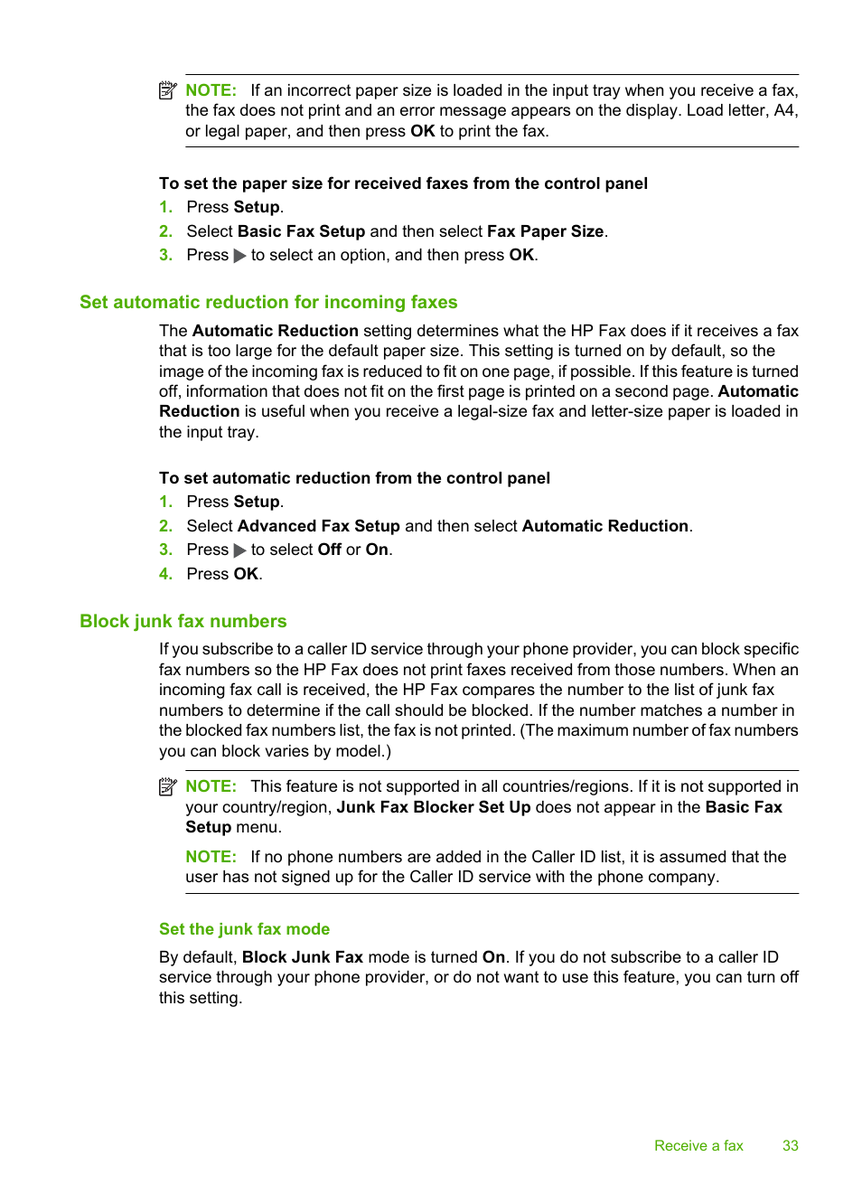 Set automatic reduction for incoming faxes, Block junk fax numbers, Set the junk fax mode | HP 3100 User Manual | Page 37 / 97