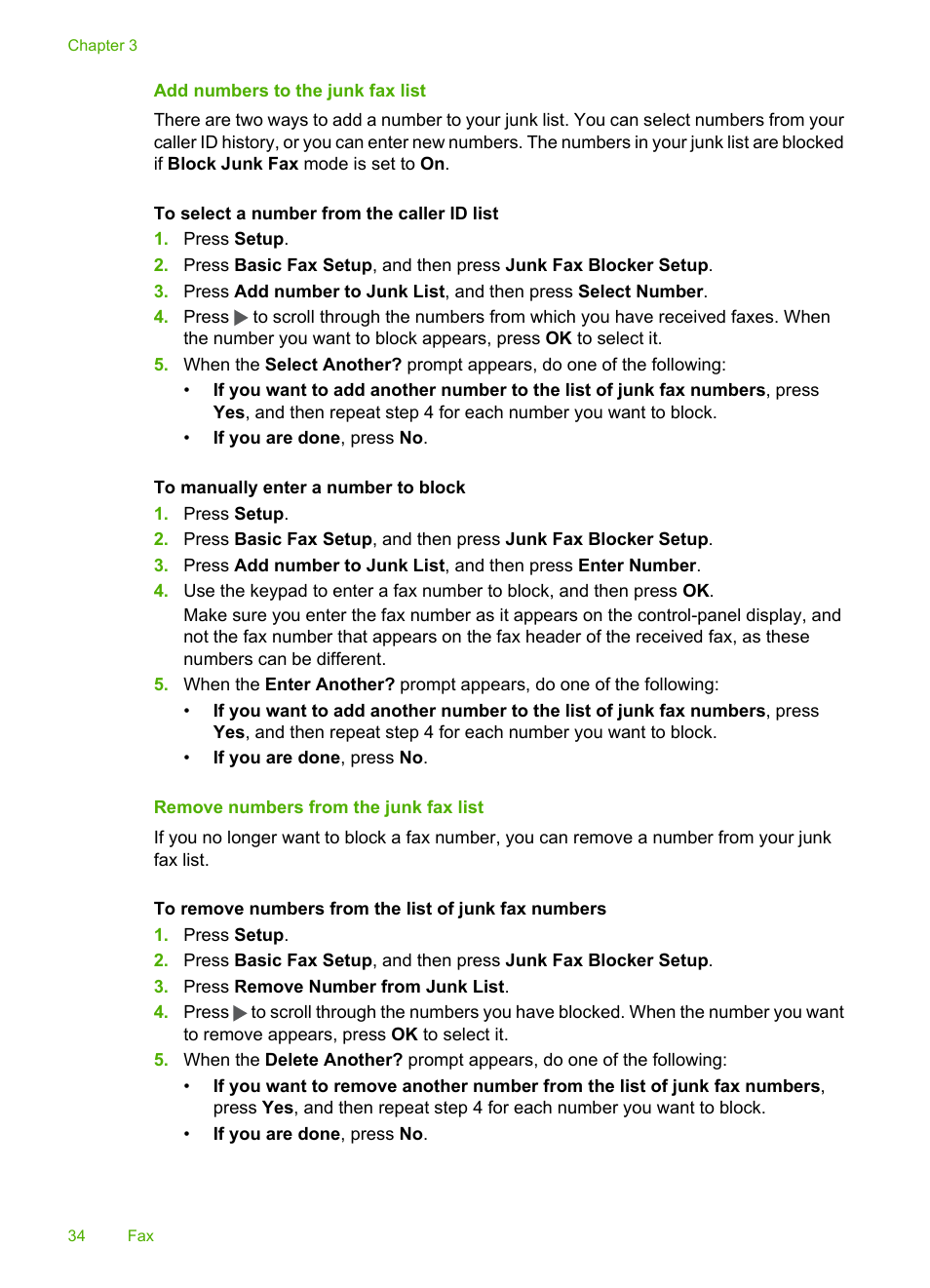 Add numbers to the junk fax list, Remove numbers from the junk fax list | HP 3100 User Manual | Page 38 / 97