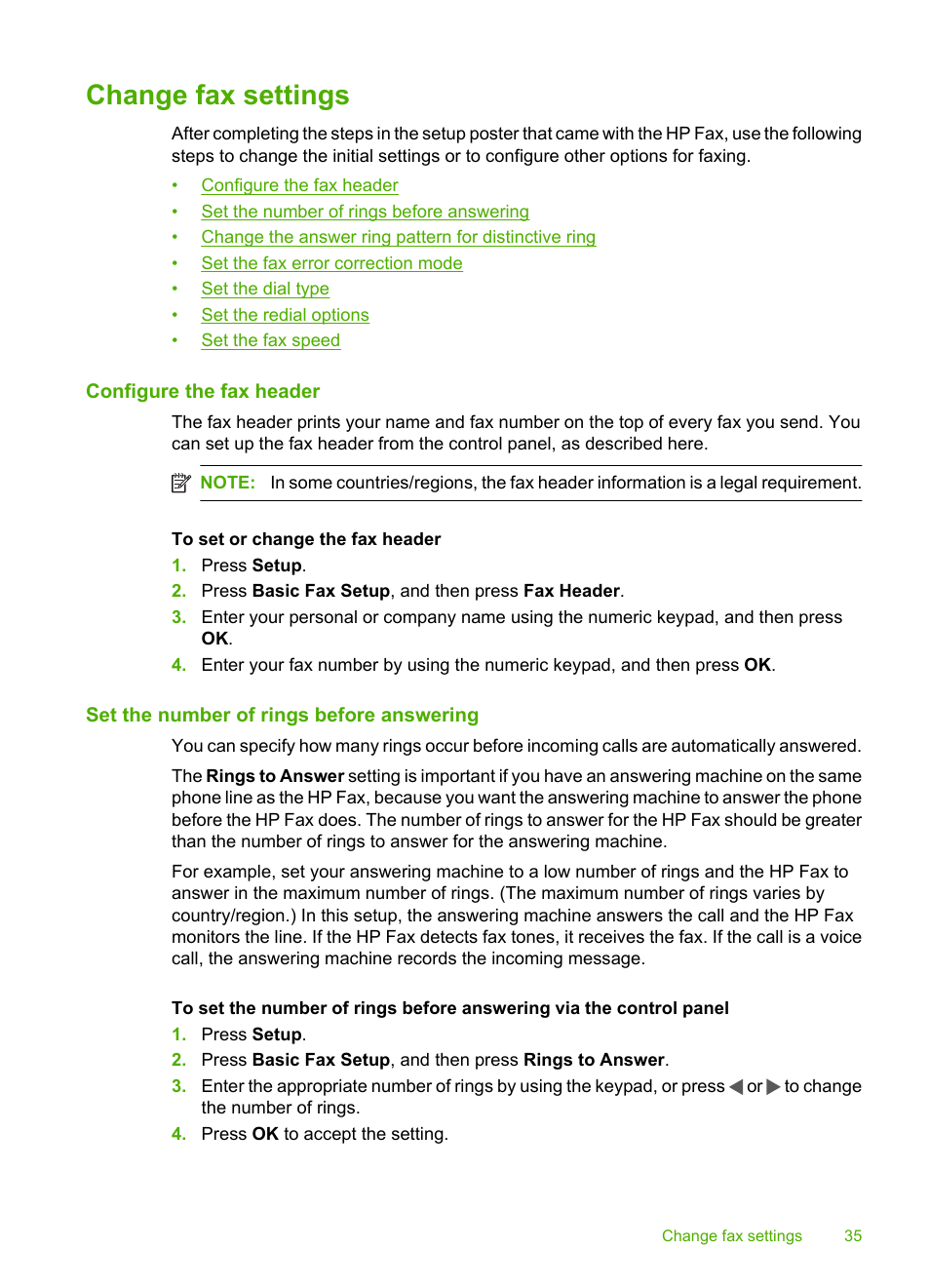 Change fax settings, Configure the fax header, Set the number of rings before answering | HP 3100 User Manual | Page 39 / 97