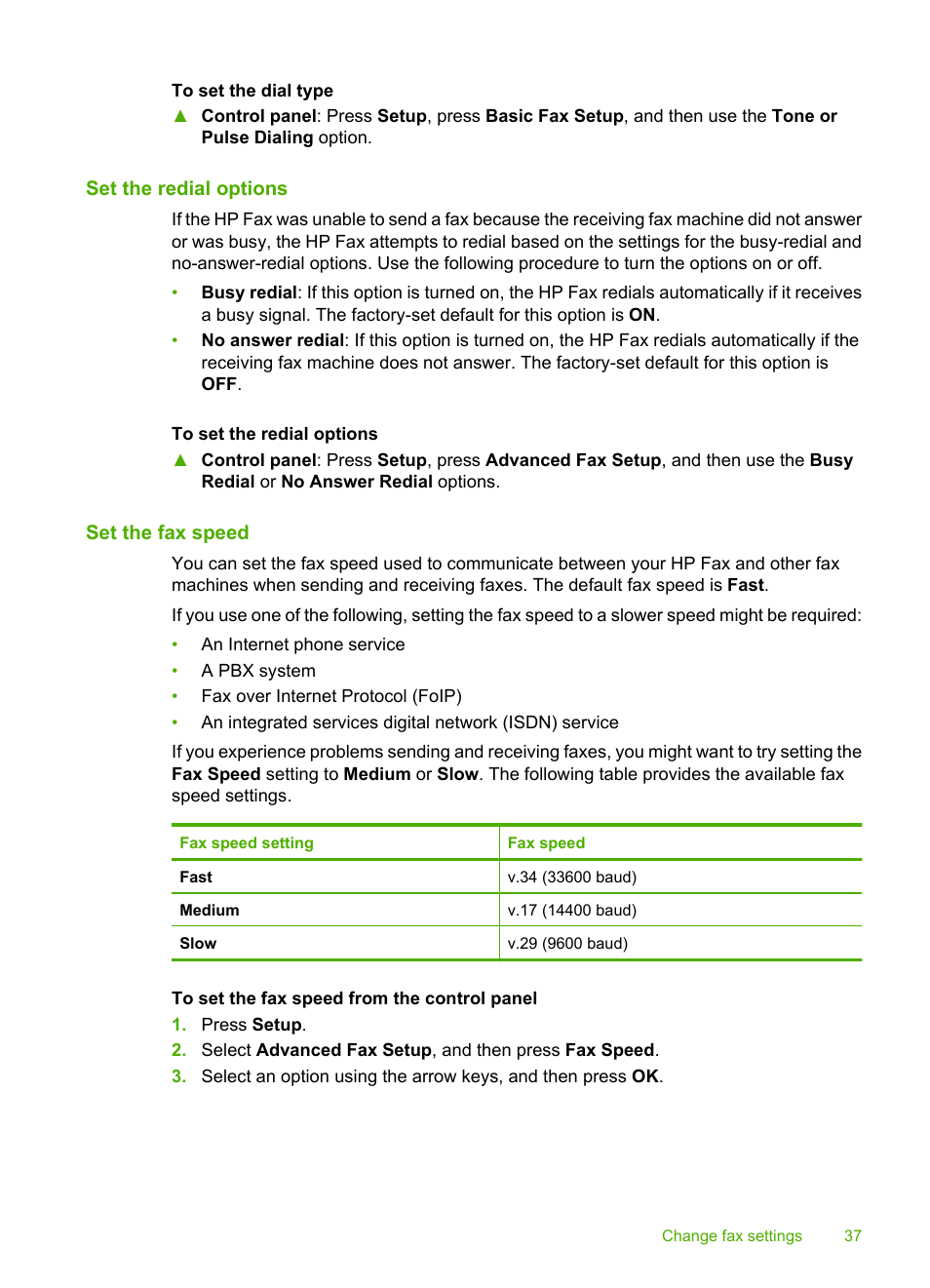 Set the redial options, Set the fax speed | HP 3100 User Manual | Page 41 / 97