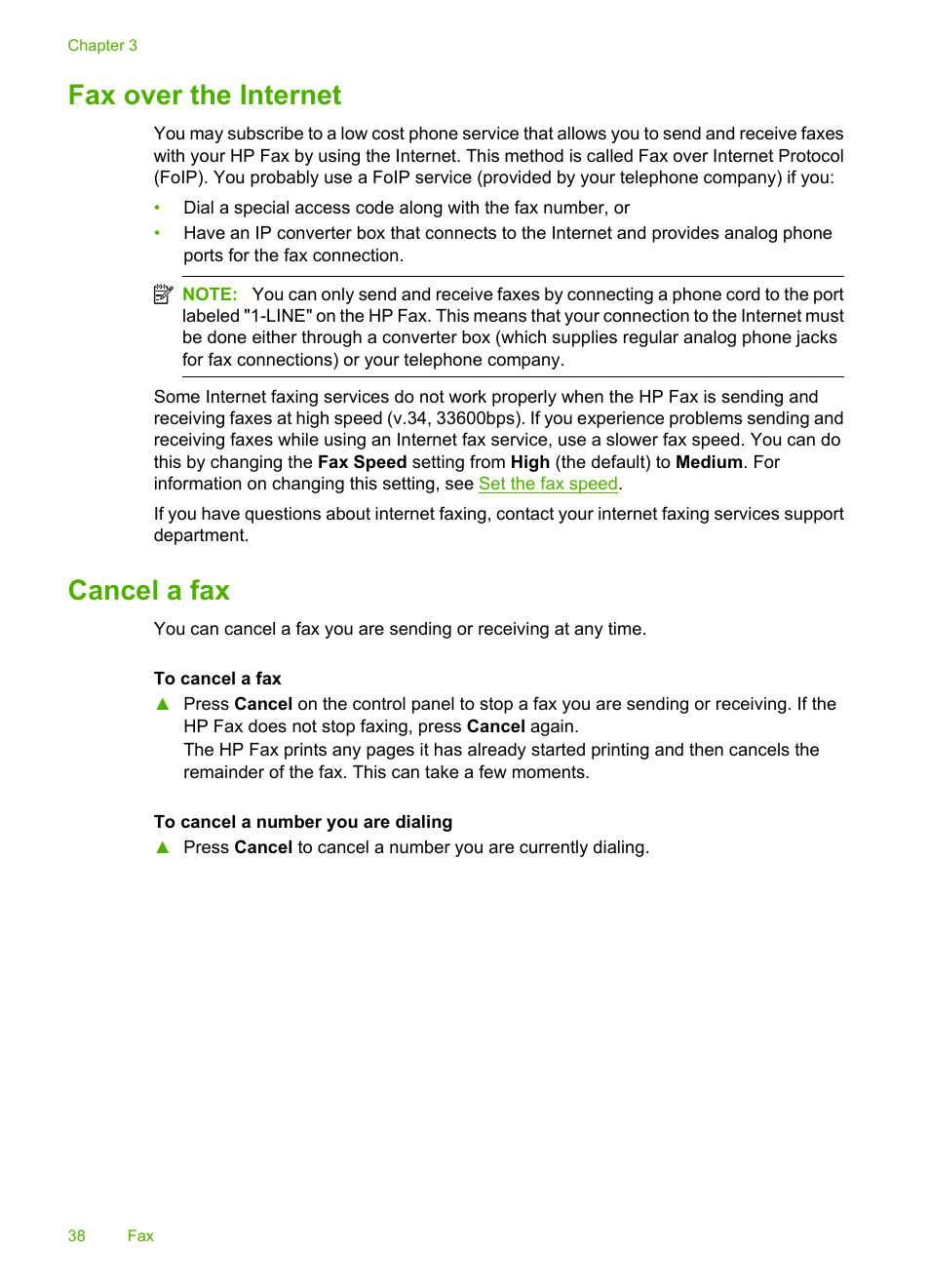 Fax over the internet, Cancel a fax, Fax over the internet cancel a fax | HP 3100 User Manual | Page 42 / 97