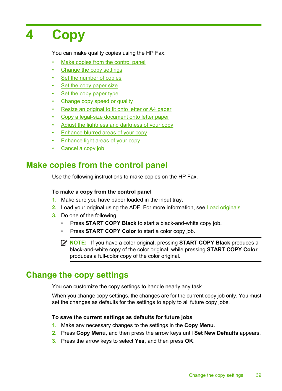 Copy, Make copies from the control panel, Change the copy settings | 4 copy, 4copy | HP 3100 User Manual | Page 43 / 97