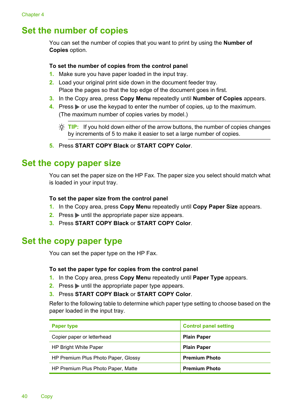 Set the number of copies, Set the copy paper size, Set the copy paper type | HP 3100 User Manual | Page 44 / 97