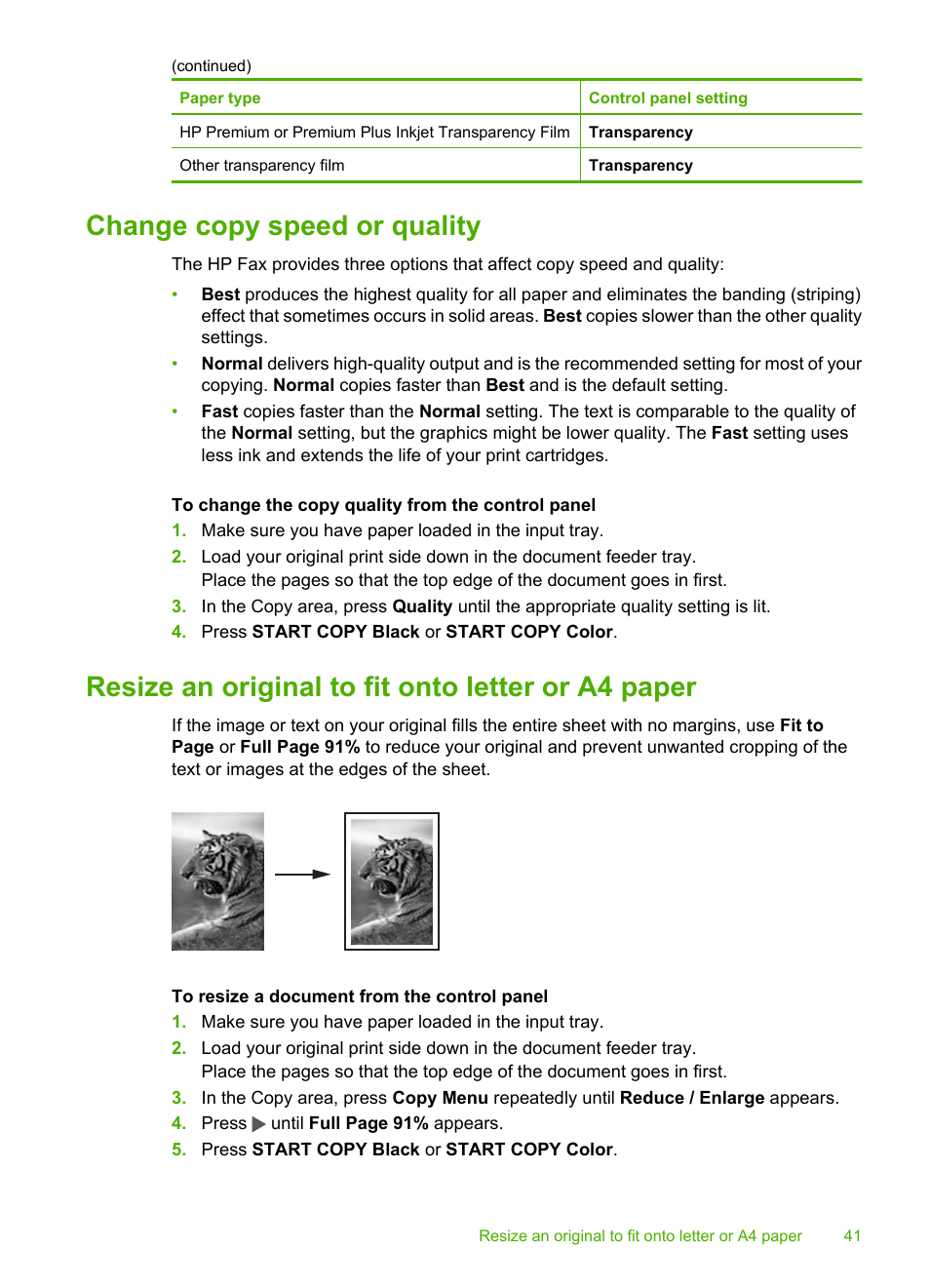 Change copy speed or quality, Resize an original to fit onto letter or a4 paper | HP 3100 User Manual | Page 45 / 97