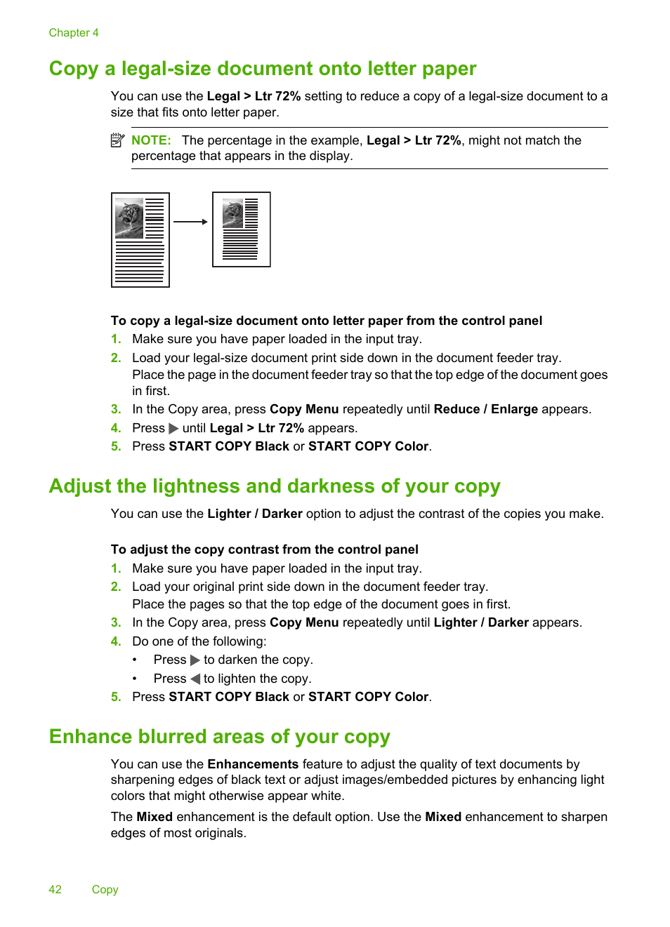 Copy a legal-size document onto letter paper, Adjust the lightness and darkness of your copy, Enhance blurred areas of your copy | HP 3100 User Manual | Page 46 / 97