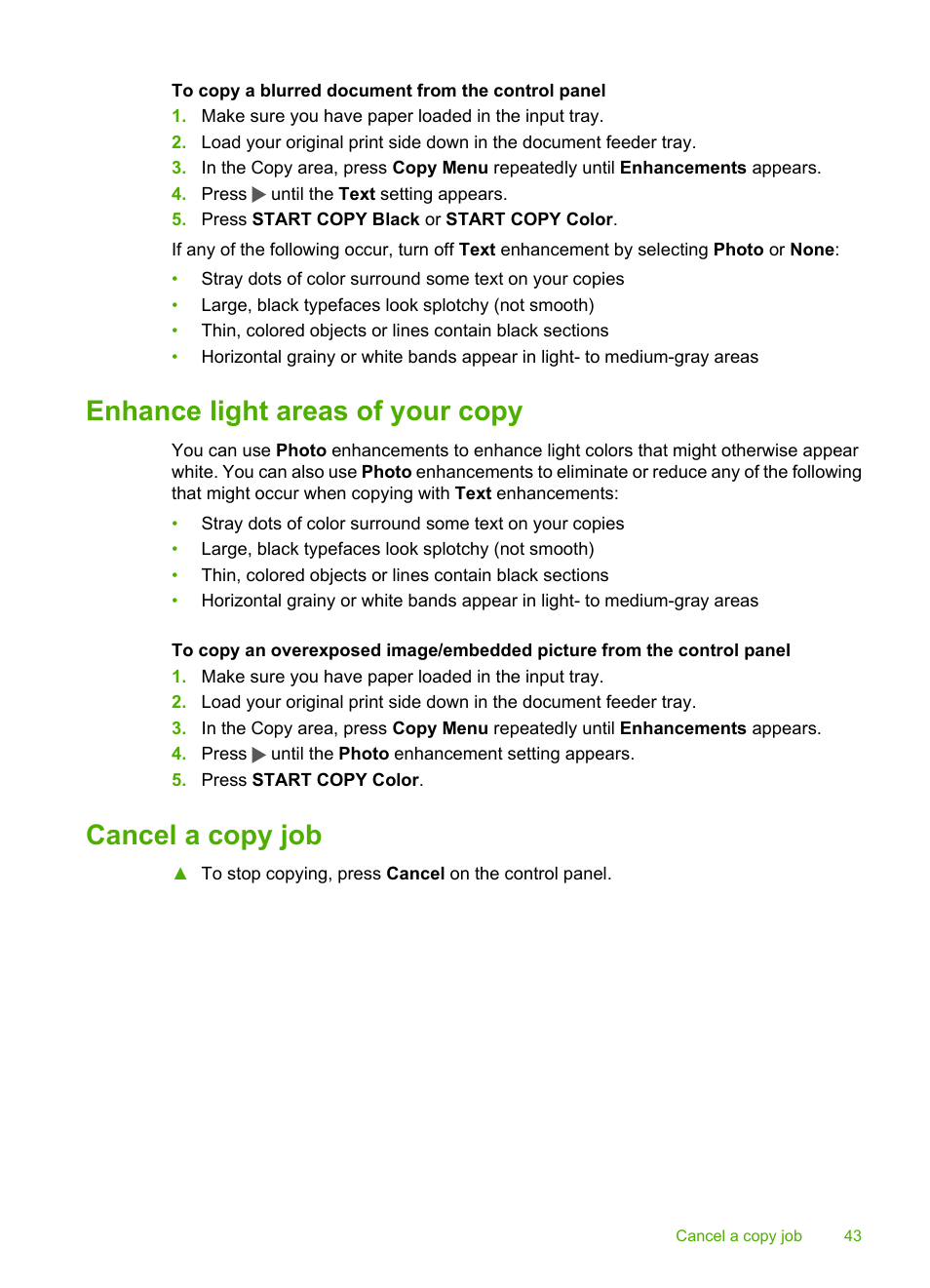 Enhance light areas of your copy, Cancel a copy job, Enhance light areas of your copy cancel a copy job | HP 3100 User Manual | Page 47 / 97