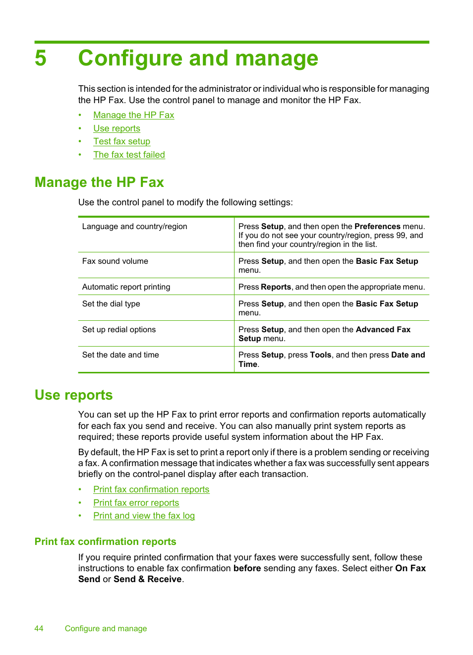 Configure and manage, Manage the hp fax, Use reports | Print fax confirmation reports, 5 configure and manage, Manage the hp fax use reports, 5configure and manage | HP 3100 User Manual | Page 48 / 97