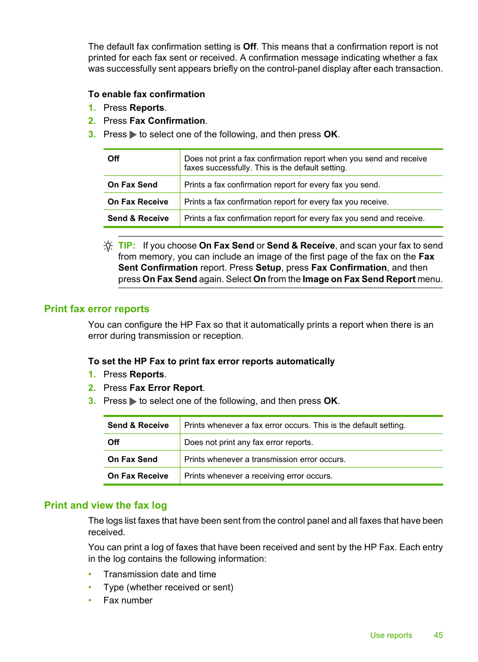 Print fax error reports, Print and view the fax log | HP 3100 User Manual | Page 49 / 97