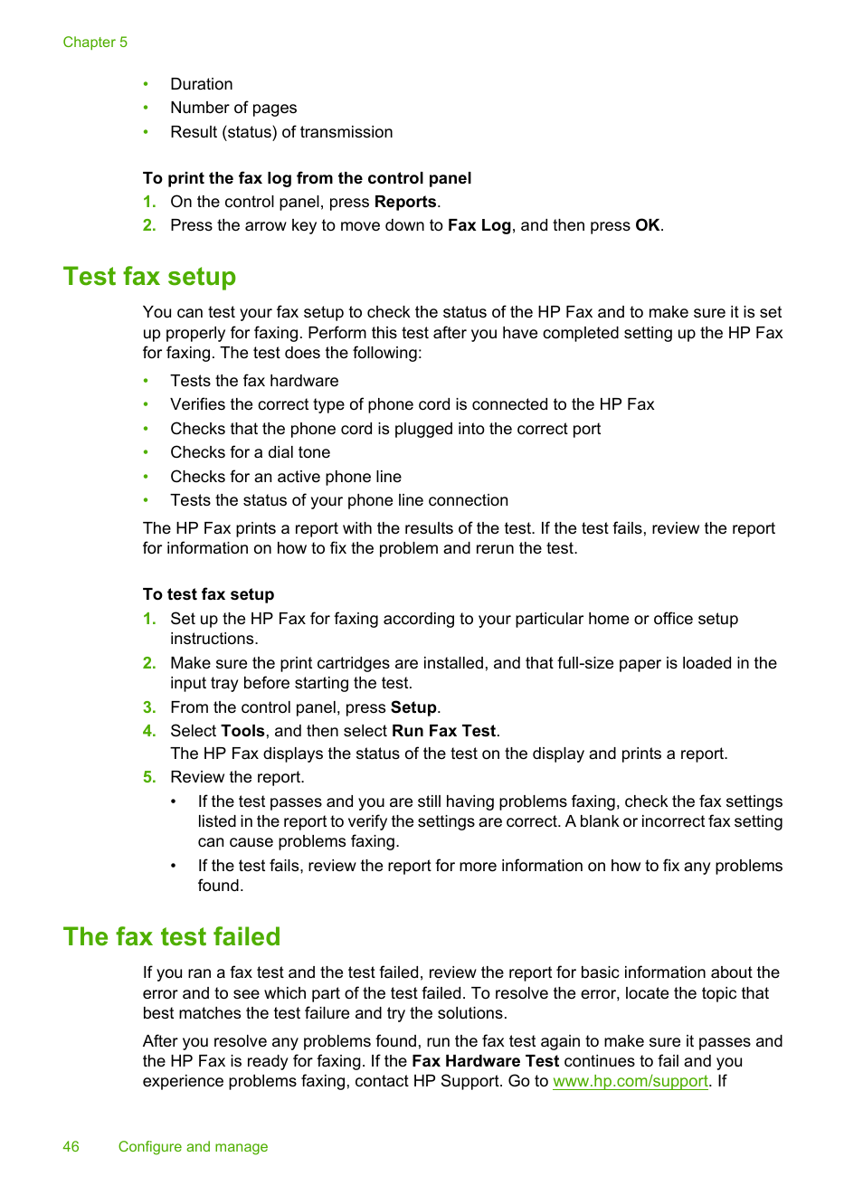 Test fax setup, The fax test failed, Test fax setup the fax test failed | HP 3100 User Manual | Page 50 / 97