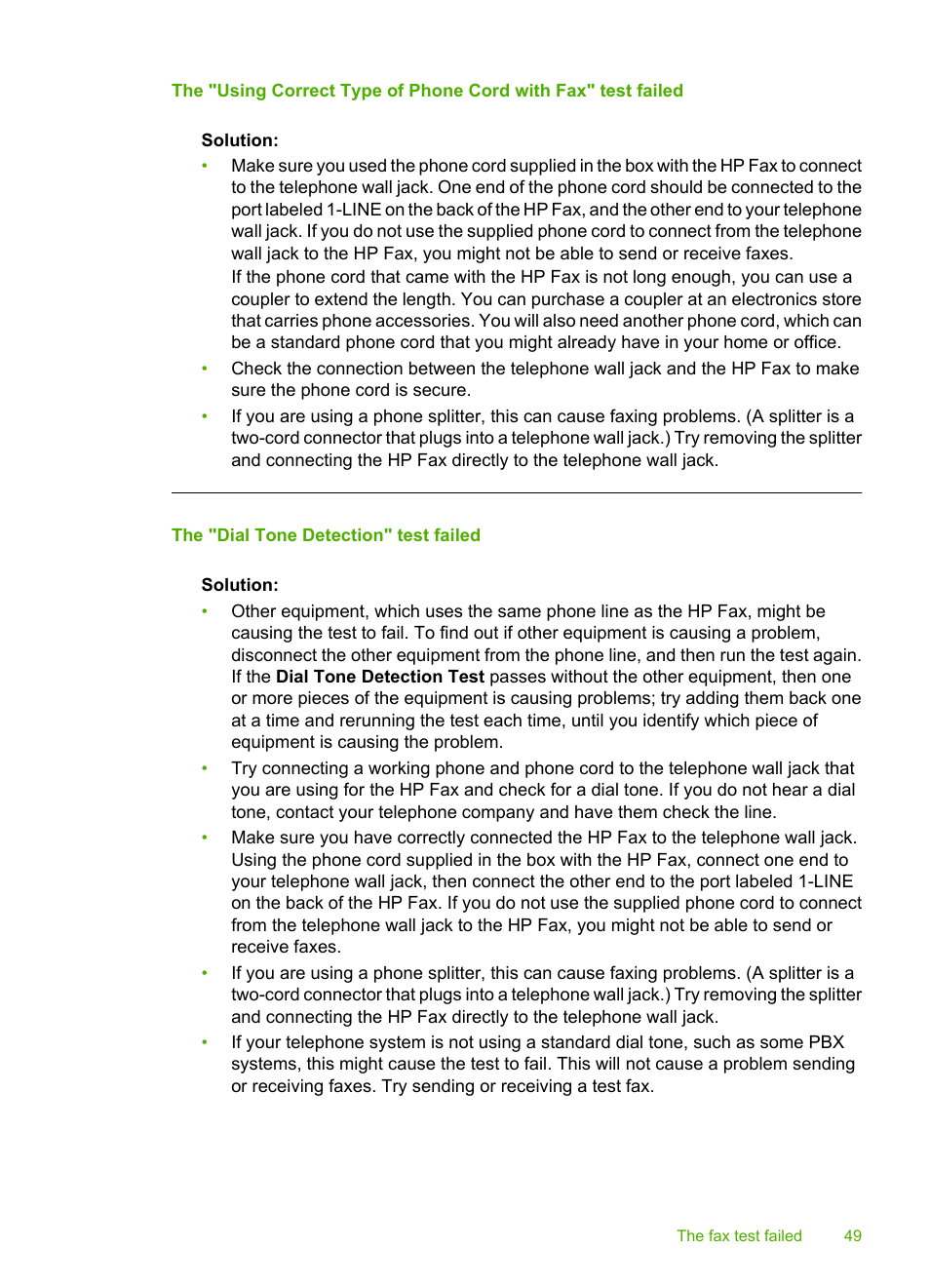 The "dial tone detection" test failed | HP 3100 User Manual | Page 53 / 97