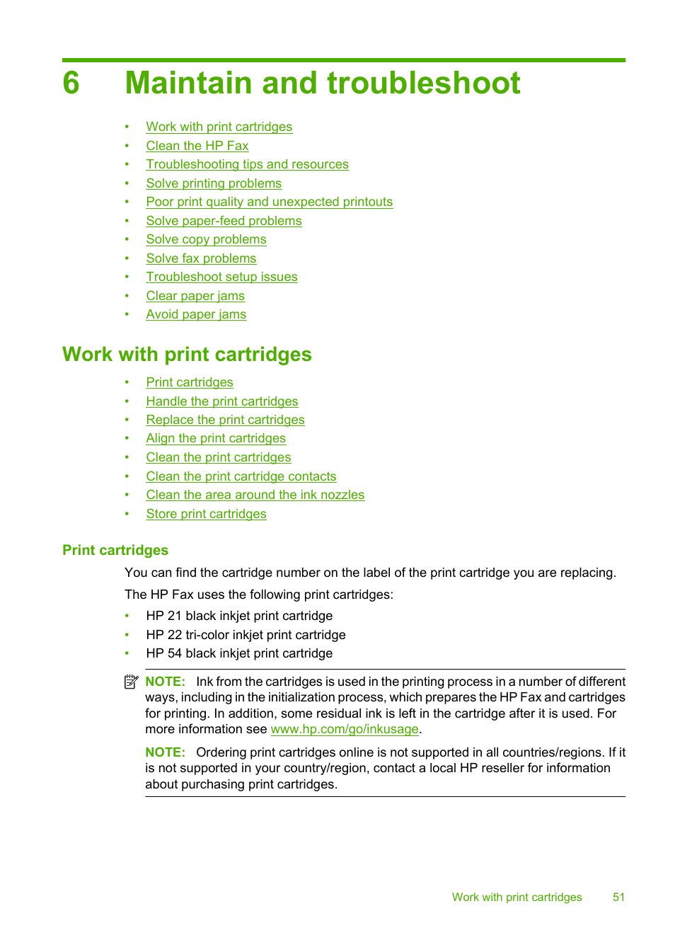 Maintain and troubleshoot, Work with print cartridges, Print cartridges | 6 maintain and troubleshoot, 6maintain and troubleshoot | HP 3100 User Manual | Page 55 / 97