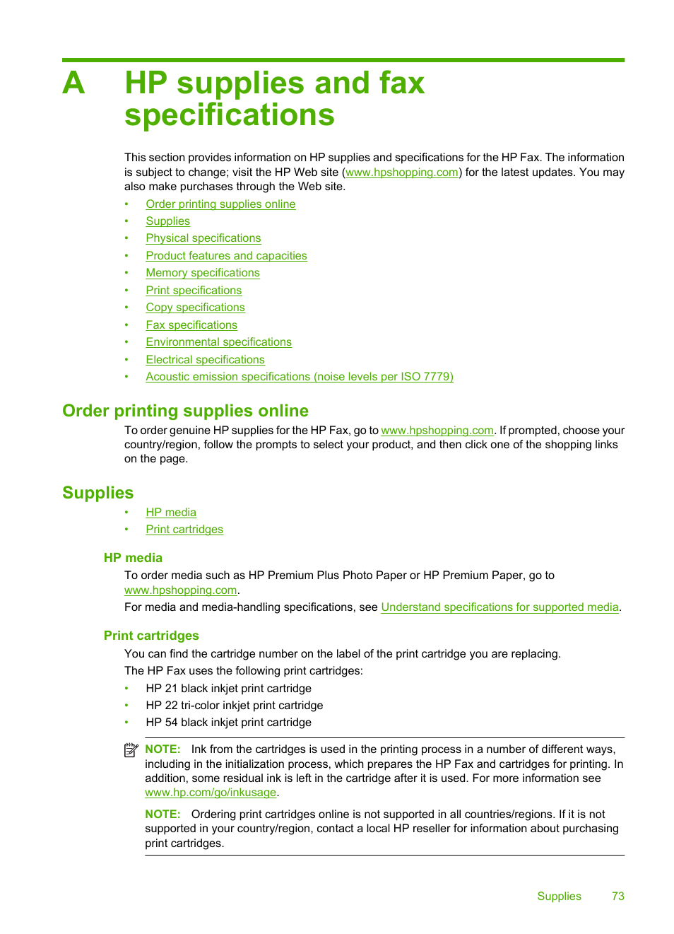 Hp supplies and fax specifications, Order printing supplies online, Supplies | Hp media, Print cartridges, A hp supplies and fax specifications, Order printing supplies online supplies, Hp media print cartridges, Ahp supplies and fax specifications | HP 3100 User Manual | Page 77 / 97