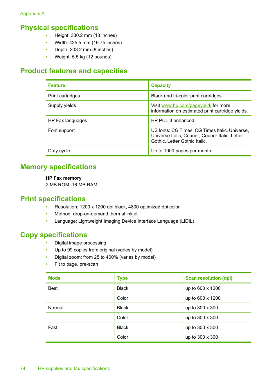 Physical specifications, Product features and capacities, Memory specifications | Print specifications, Copy specifications | HP 3100 User Manual | Page 78 / 97