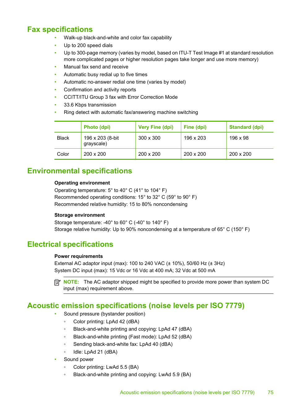 Fax specifications, Environmental specifications, Electrical specifications | HP 3100 User Manual | Page 79 / 97