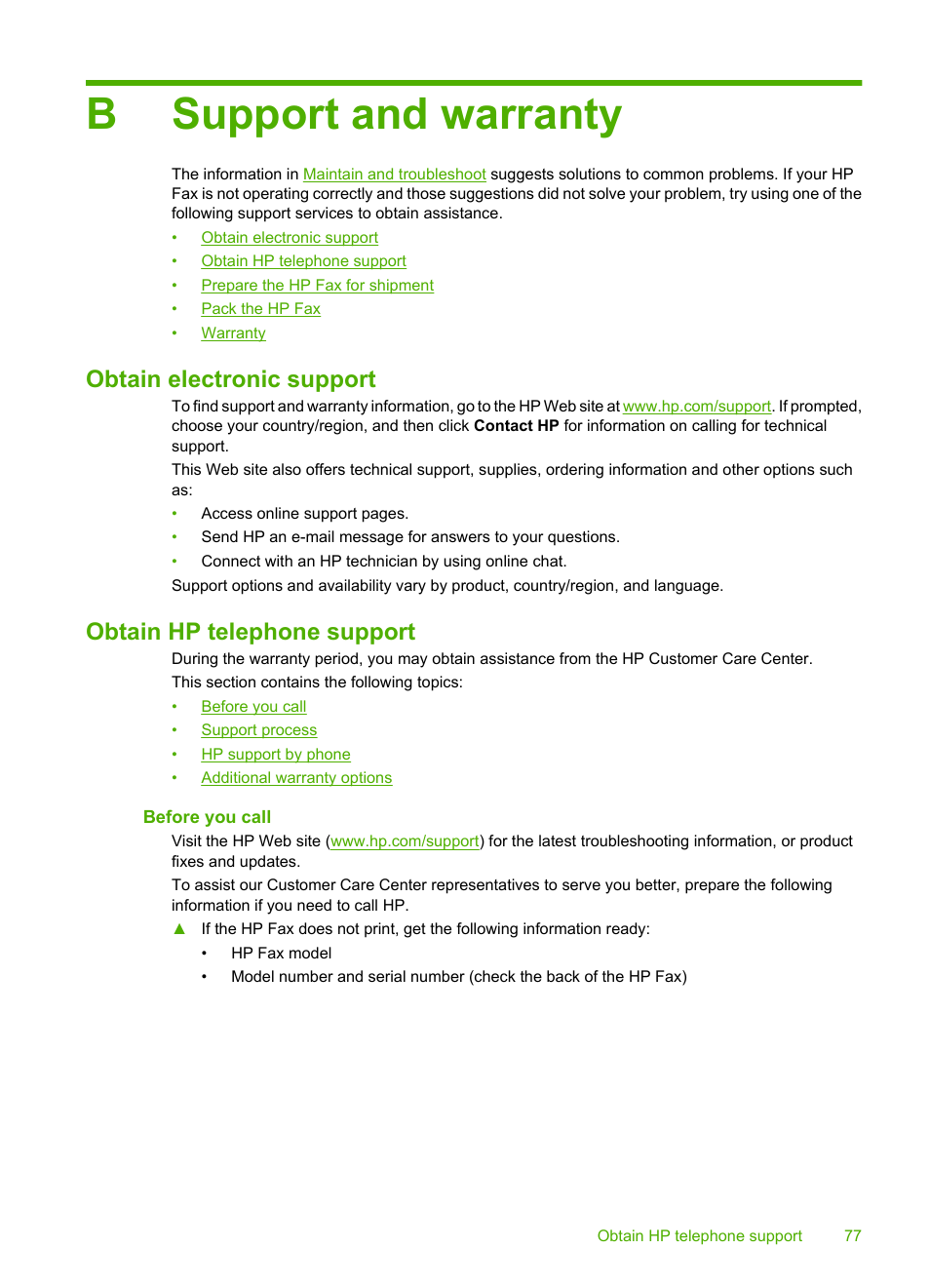 Support and warranty, Obtain electronic support, Obtain hp telephone support | Before you call, B support and warranty, Additional warranty options, Bsupport and warranty | HP 3100 User Manual | Page 81 / 97