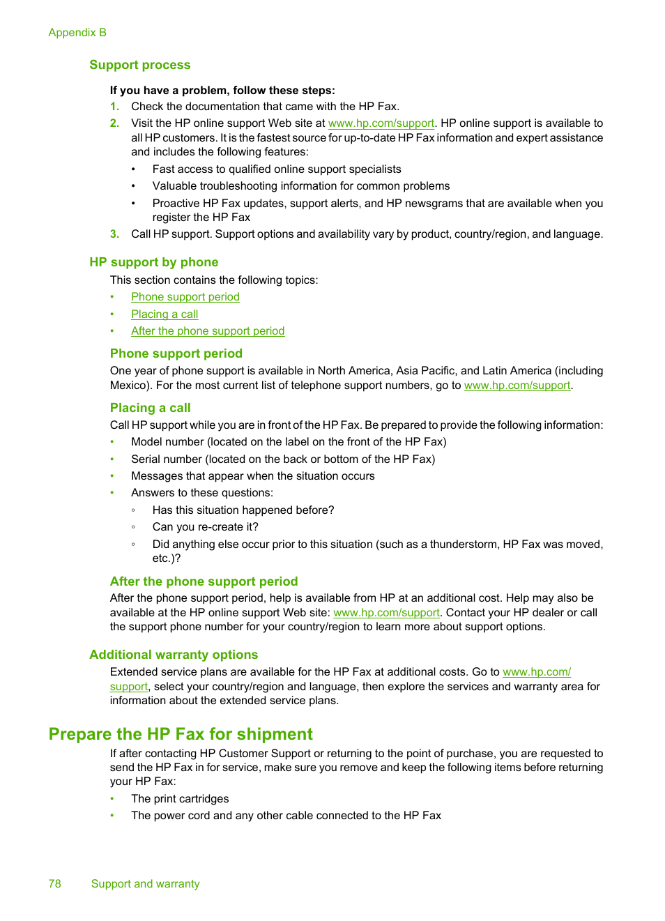 Support process, Hp support by phone, Phone support period | Placing a call, After the phone support period, Additional warranty options, Prepare the hp fax for shipment | HP 3100 User Manual | Page 82 / 97