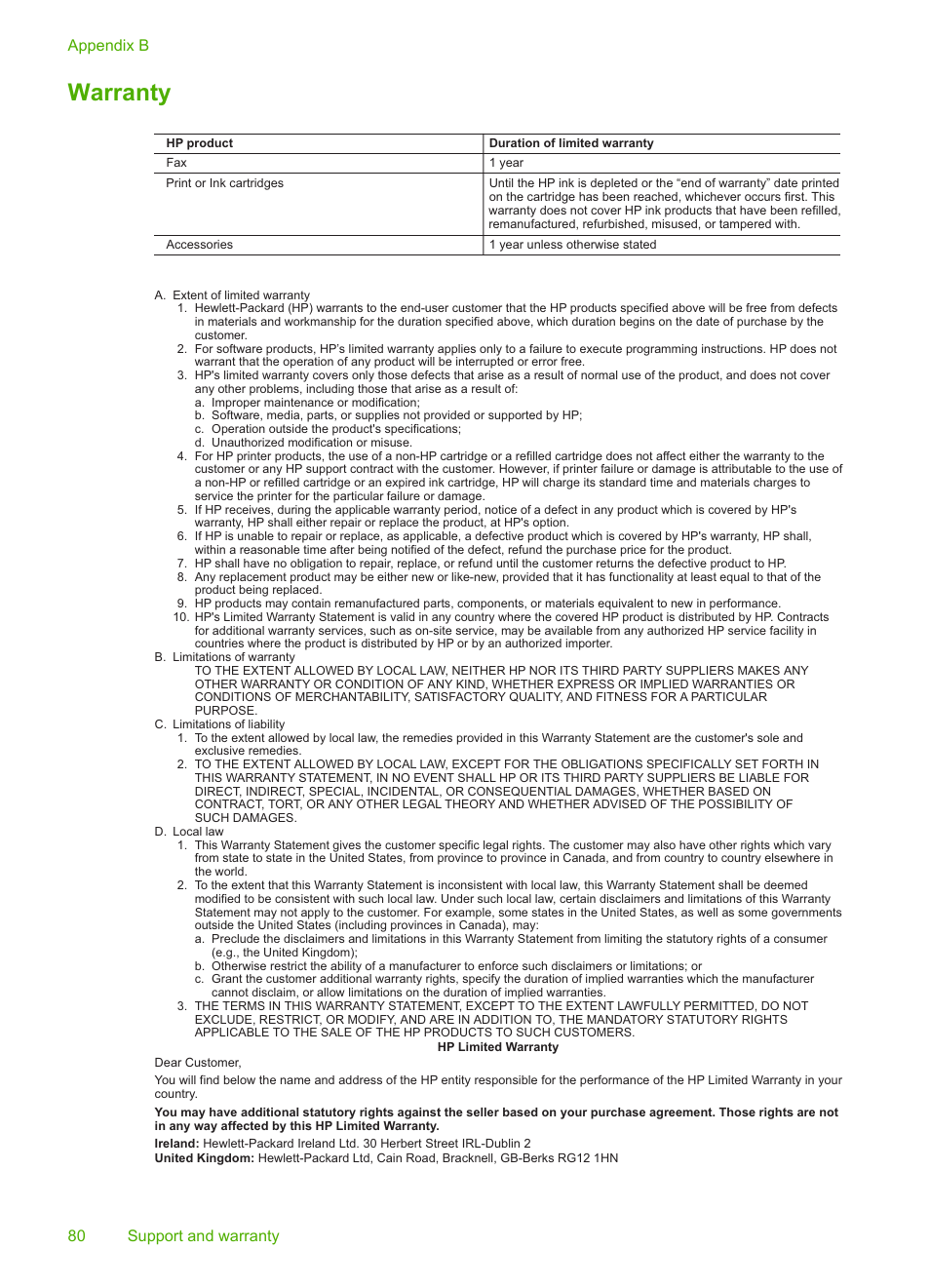 Warranty, Appendix b 80 support and warranty | HP 3100 User Manual | Page 84 / 97