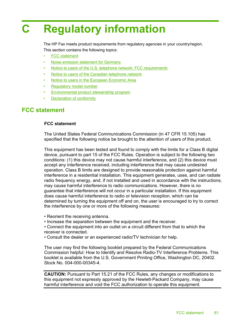 Regulatory information, Fcc statement, C regulatory information | Cregulatory information | HP 3100 User Manual | Page 85 / 97