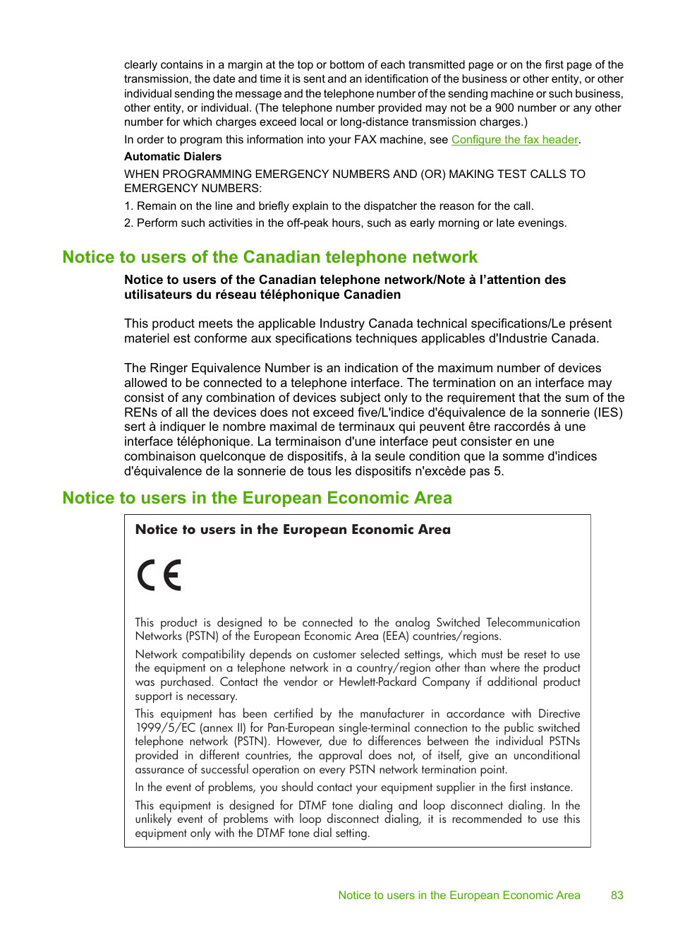 Notice to users of the canadian telephone network, Notice to users in the european economic area | HP 3100 User Manual | Page 87 / 97