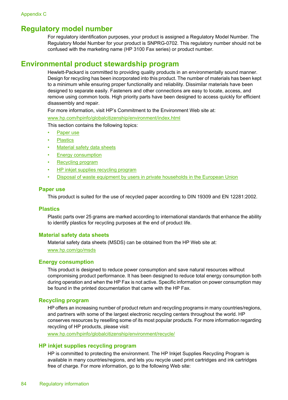 Regulatory model number, Environmental product stewardship program, Paper use | Plastics, Material safety data sheets, Energy consumption, Recycling program, Hp inkjet supplies recycling program | HP 3100 User Manual | Page 88 / 97