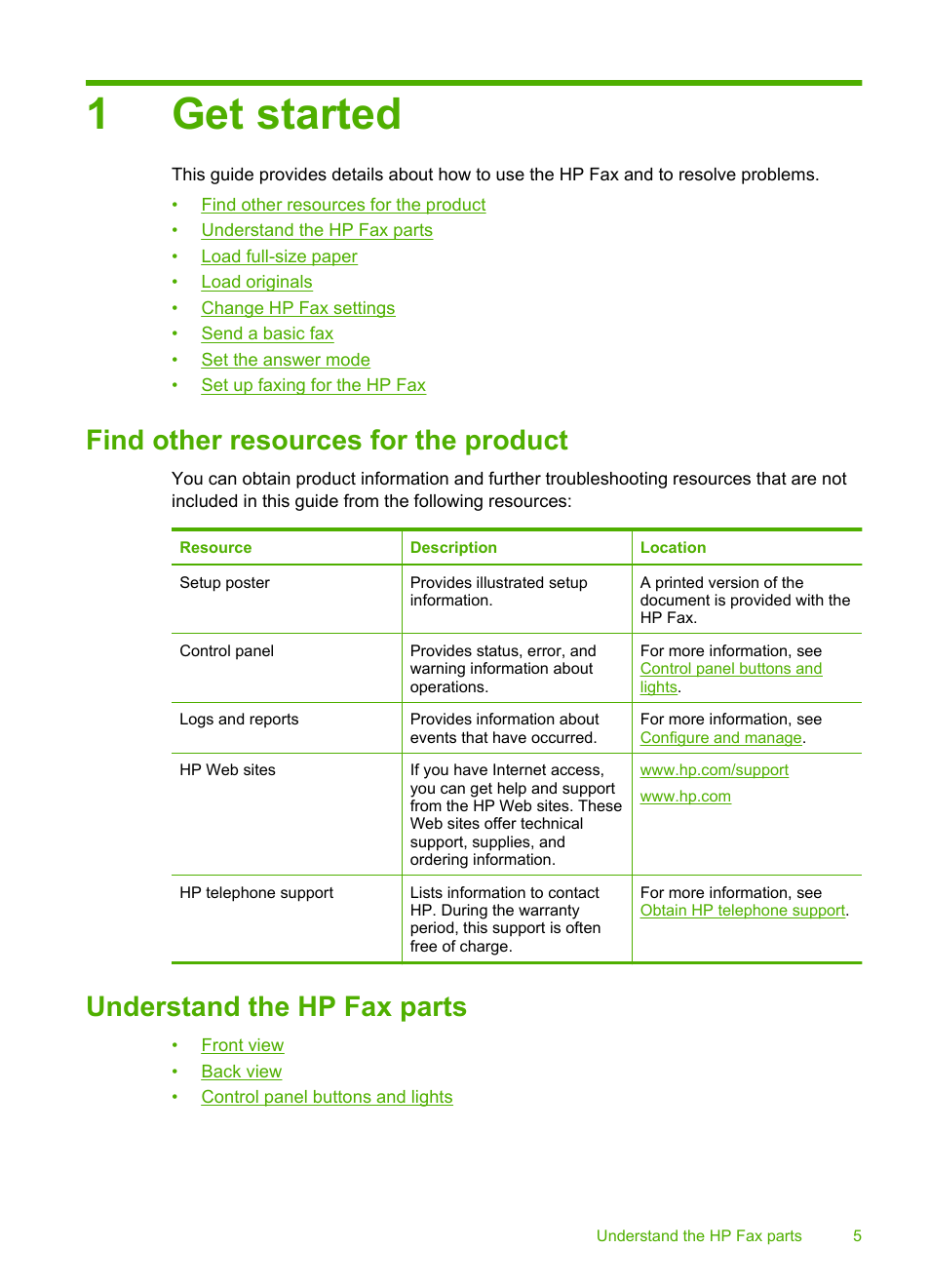 Get started, Find other resources for the product, Understand the hp fax parts | 1 get started, 1get started | HP 3100 User Manual | Page 9 / 97