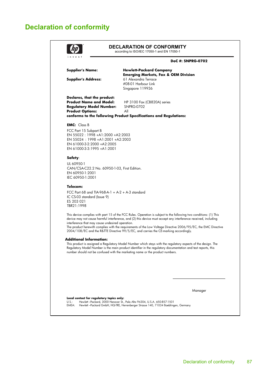 Declaration of conformity, Declaration of conformity 87 | HP 3100 User Manual | Page 91 / 97