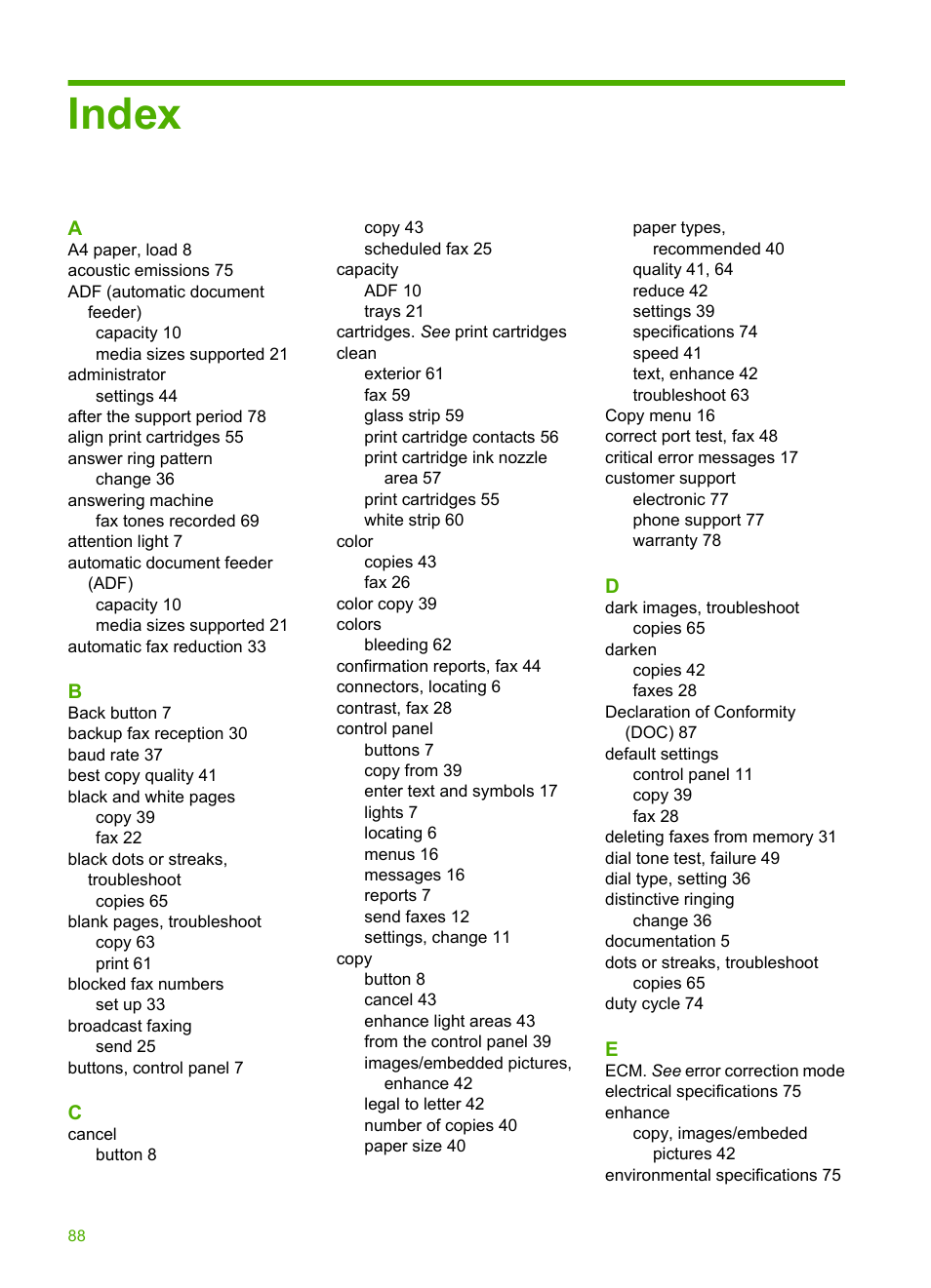 Index | HP 3100 User Manual | Page 92 / 97