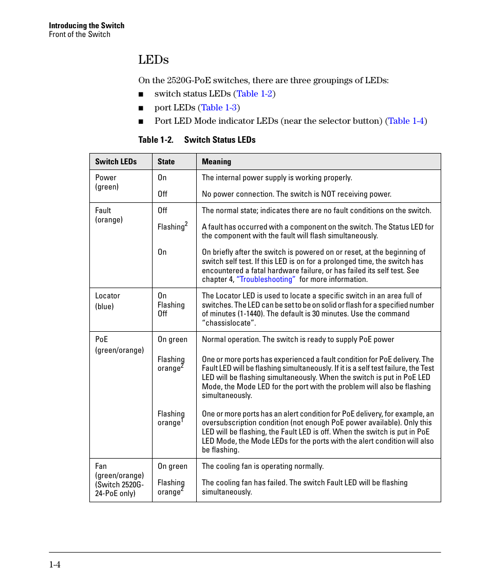 Leds, Leds -4 | HP 2520G-POE User Manual | Page 12 / 101