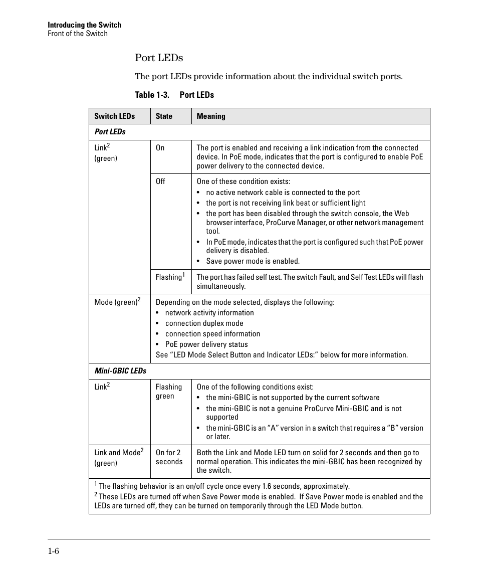 Port leds, Port leds -6, Table 1-3 | HP 2520G-POE User Manual | Page 14 / 101