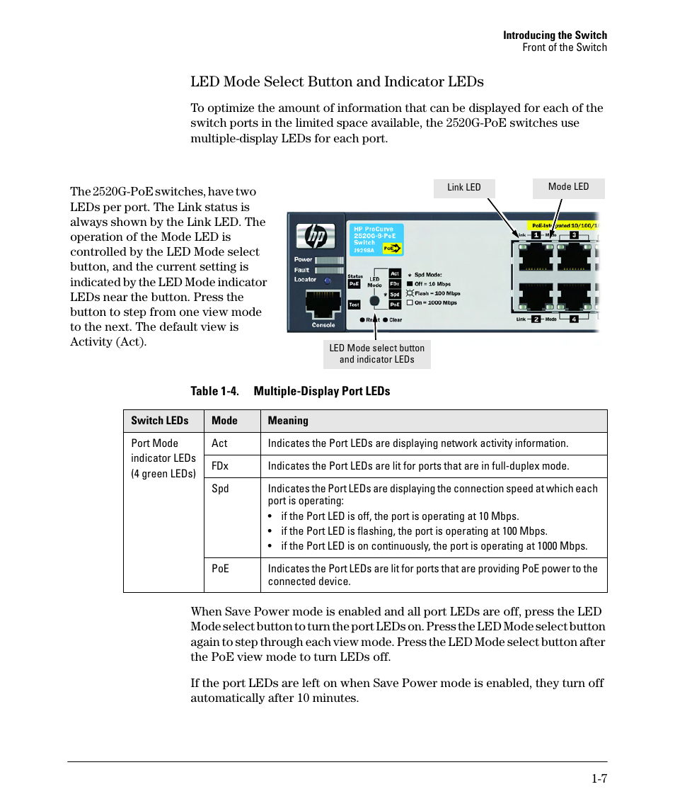 Led mode select button and indicator leds, Led mode select button and indicator leds -7, Table 1-4 | HP 2520G-POE User Manual | Page 15 / 101