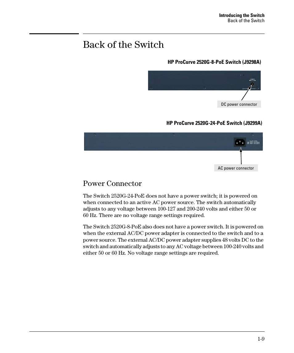 Back of the switch, Power connector, Back of the switch -9 | Power connector -9 | HP 2520G-POE User Manual | Page 17 / 101