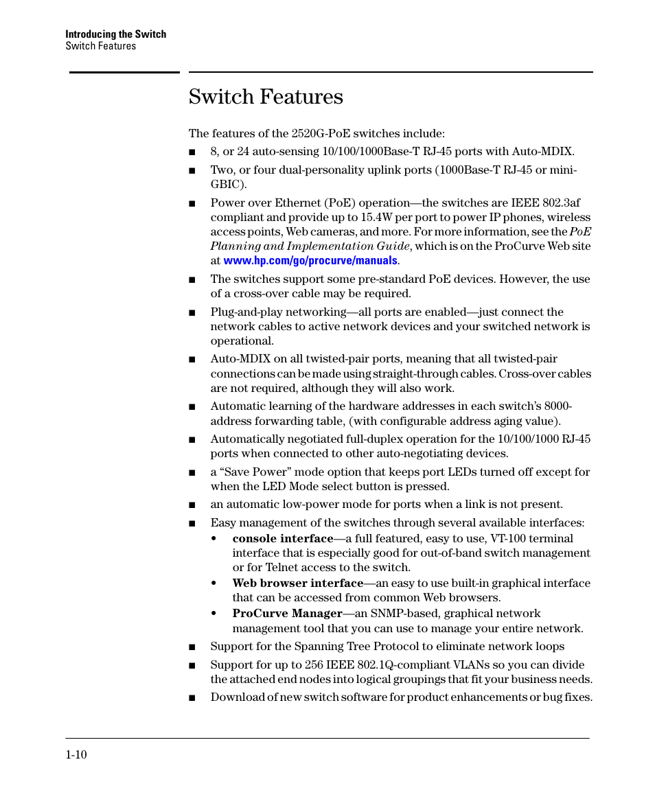 Switch features, Switch features -10 | HP 2520G-POE User Manual | Page 18 / 101