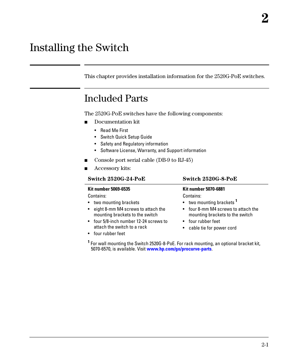 Installing the switch, Included parts, Installing the | Switch, 2 installing the switch, Included parts -1 | HP 2520G-POE User Manual | Page 21 / 101