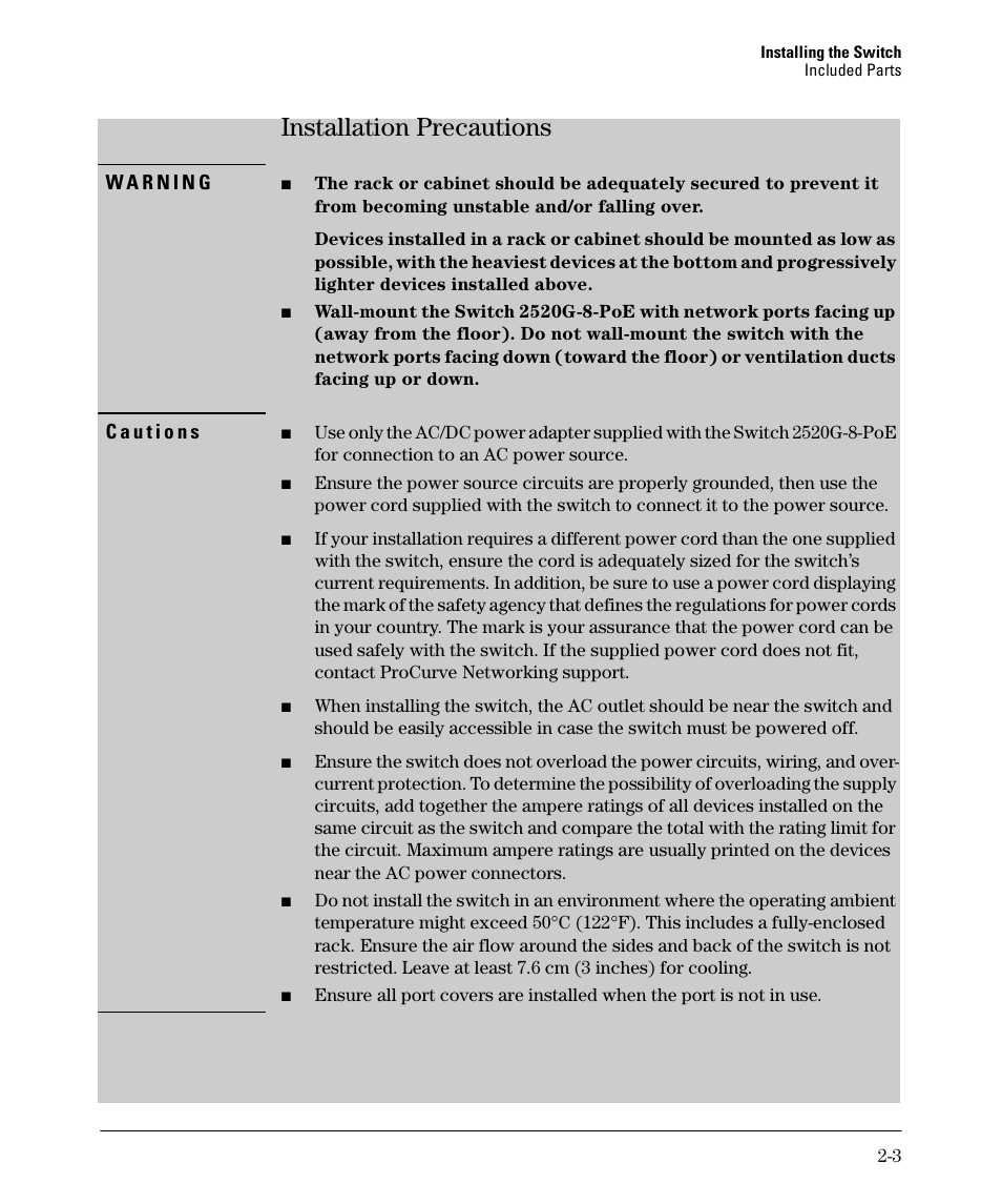 Installation precautions, Installation precautions -3 | HP 2520G-POE User Manual | Page 23 / 101