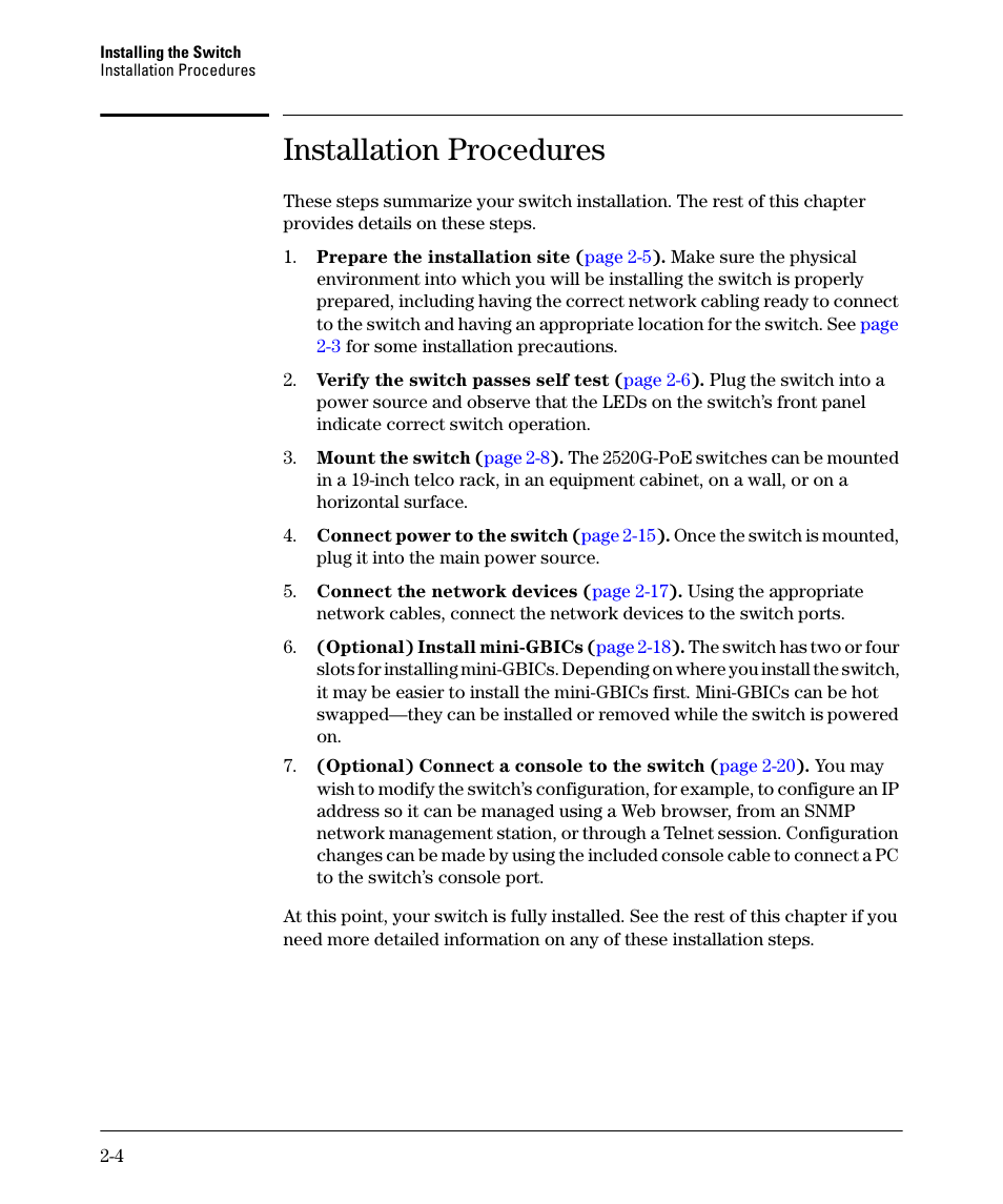 Installation procedures, Installation procedures -4 | HP 2520G-POE User Manual | Page 24 / 101