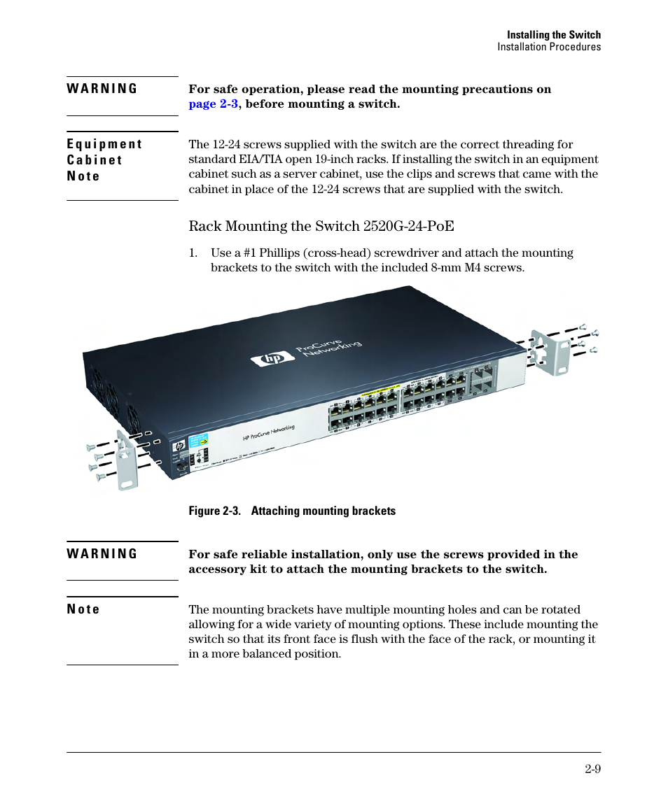 Rack mounting the switch 2520g-24-poe, Rack mounting the switch 2520g-24-poe -9 | HP 2520G-POE User Manual | Page 29 / 101